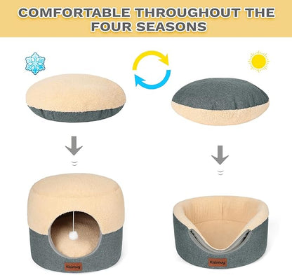 Cat Cave Bed for Indoor Cats, 2-in-1 Convertible Cat House & Lounge with Reversible Plush Cushion – Calming Anti-Anxiety Anti-Slip Pet Bed for Small Dogs & Kittens, Cozy Hideaway Tent, 19.7 inches