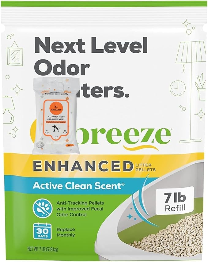 Cat Breeze Enhanced Litter Pellets, Active Clean Scent, 7 lb Refill with Aurora Pet Care Wipes