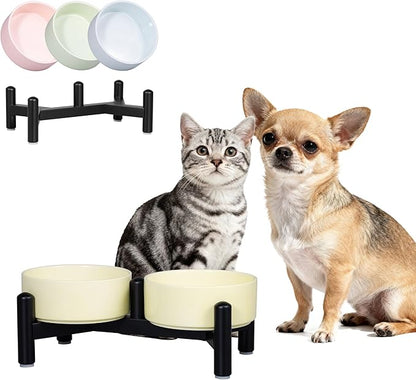 Elevated Ceramic Dog Bowl Set - Cute Double Dishes with Stainless Steel Stand – Raised Feeding Bowls for Cats and Small Dogs - Food & Water Set - 5" / 1.4 Cups (140 g / 260 ml) - Yellow