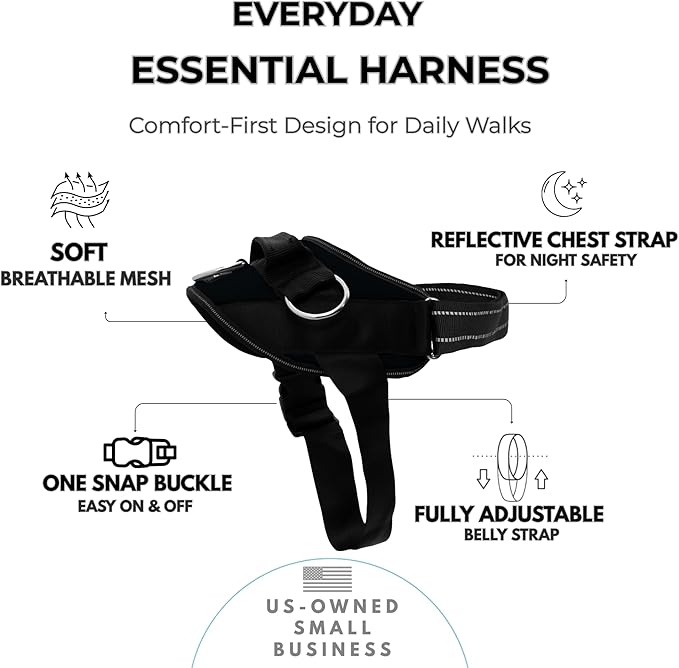 ShawnCo Essential Dog Harness, No-Pull Pet Vest with 3 Leash Clips, No Choke, Reflective, Adjustable and Padded, for Easy Walking and Training for Small, Medium and Large Dogs (Midnight, S)