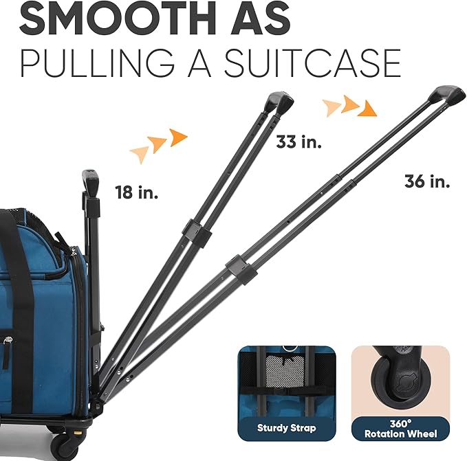FUKUMARU Cat Carrier with Wheels, 18x11x11 Expandable Soft Cat Travel Carrier, Airline Approved Dog Carrier, Sturdy Rolling Cat Carrier with Anti-Scratch Mesh, Escape-Proof Pet Carrier for Cat, Blue