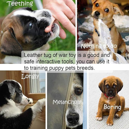 Storystore Leather Puppy Bite Rag Dog Tug Toy with Handle Tug of War Dog Toy Interactive Toys Toys for Small Medium Large Dogs Grip Development, Training and Bite Inhibition