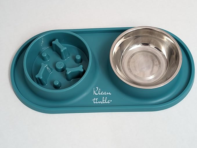 Pets Anti Skid Double Slow Feeder Dog Bowls with Non Skid Silicone Mat - Stainless Steel Dog Water Bowl for Cats & Pets Beautiful Dirty Blue Color