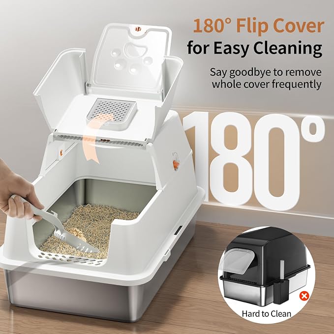 Stainless Steel Cat Litter Box with Lid, 180° Flip-Top XL Extra Large Enclosed Litter Box, Covered Metal High Sided Litter Pan with Steps & Scoop, Easy Cleaning, Odor Control,Non-Sticky-White