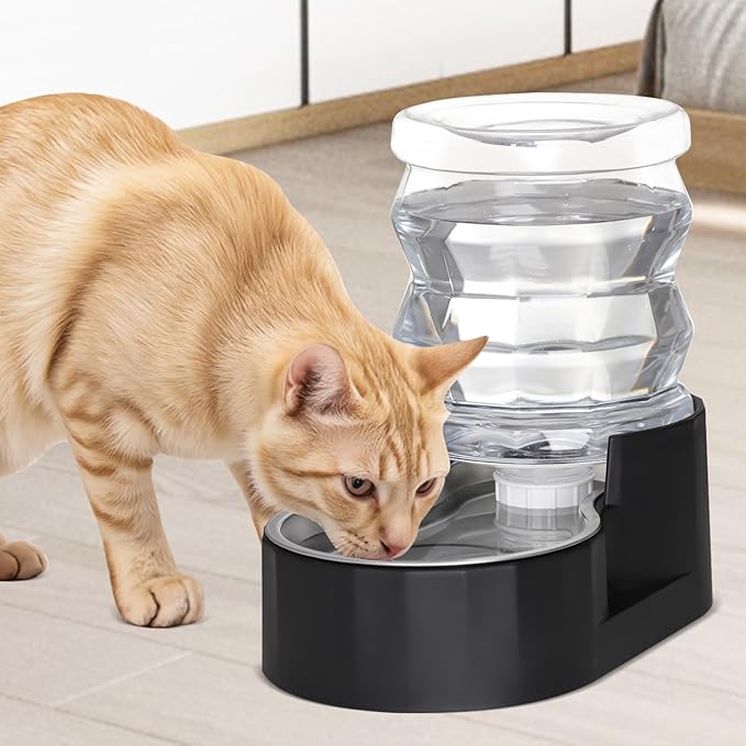 RIZZARI Automatic Gravity Pet Waterer Dispenser : 4L Black Stainless Steel Bowl Without Filter - Spill-Proof and Leak-Proof - Large Capacity Feeder for Dogs & Cats - Ideal for Kitchen or Hallway Use