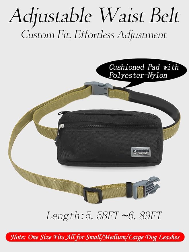 Hands Free Dog Leash with Zipper Pouch & Waist Belt – Reflective Durable Bungee Leash with Dual Padded Handles for Walking, Jogging & Running, Fits Small to Large Dogs (Yellow)