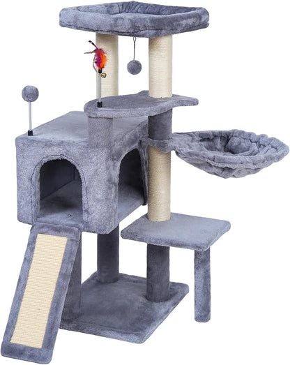 35.4'' Multifunction Cat Tree with Cozy Hammock & Hanging Ball, Cat Tower with Activity Cat Condo & Jute-Covered Scratching Posts, Grey