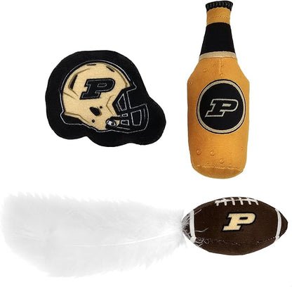 BEST PLUSH CAT TOY NCAA PURDUE BOILERMAKERS Complete Set of 3 piece Cat Toys filled with Fresh Catnip. Includes: 1 Helmet Cat Toy, 1 Football Cat Toy with Feathers & 1 Beer Bottle. Beautiful Team LOGO