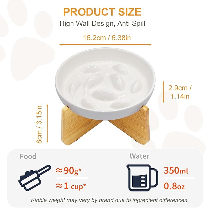 Non-Slip Rubberwood Elevated Cat Feeder Stand - 6.1"x3.5" Detachable Bowl Holder, Ergonomic Anti-Vomiting Raised Pet Dish Stand (White(Ceramic)-Bamboo Stand)