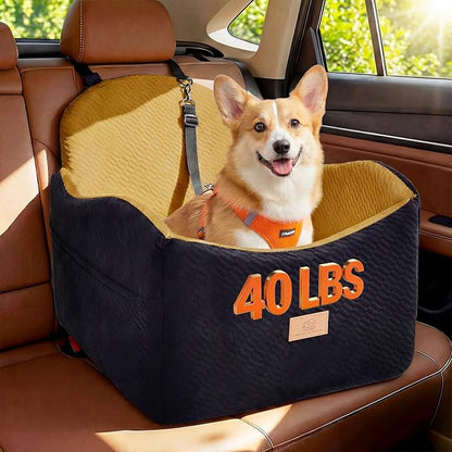Dog Car Seat for Medium/Small Dogs, Dog Booster Car Seat, Pet Booster Seats Up to 40lbs with Waterproof Layer, 3 Storage Pockets and Safety Belt (Black/Brown)