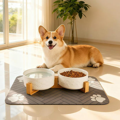 Dog Bowls Set with Wood Stand & Mat Waterproof, 3.5 Cups Ceramic Dog Bowls Elevated for Medium Dogs, Dual Food and Water Bowls with Weighted Non-Slip Base 28.7 OZ