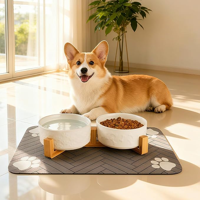 Dog Bowls Set with Wood Stand & Mat Waterproof, 1.5 Cups Ceramic Dog Bowls Elevated for Small Dogs, Dual Food and Water Bowls with Weighted Non-Slip Base 13.5 OZ