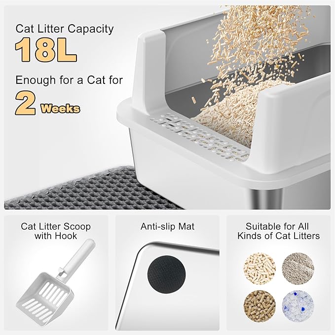 FURTIME Stainless Steel Cat Litter Box with Lid, Metal Kitty Litter Box for Small Cats, Kitten Litter Boxs with Scoop and Mat, Non-Sticky, Anti-Leakage, Easy to Clean, 17"x13"x8.4" (Small)