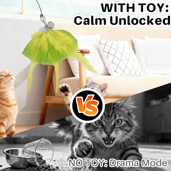 Walfront Interactive Cat Toy, Feather Wand with Replaceable Yellow & Orange Feathers, Handheld Cat Wand for Indoor Cats & Kittens, High-Engagement Play that Keeps Cats Excited, Active & Stress-Free