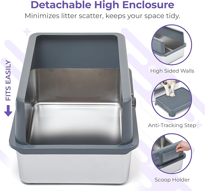 iPrimio Premium XL Stainless Cat Litter Box with Enclosure, 1 Scooper and Elevated Litter Mat - Durable, Easy to Clean and High Sides Cat Box with Step Scoop - Scratch and Bite Proof - Dark Grey