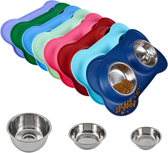 Dog Bowls 2 Stainless Steel Bowl for Pet Water and Food Feeder with Non Spill Skid Resistant Silicone Mat for Pets Puppy Small Medium Cats Dogs