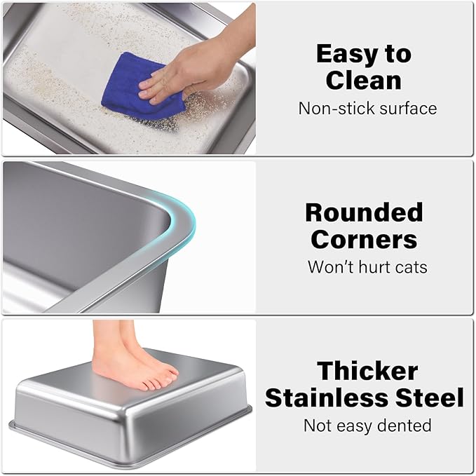 Stainless Steel Litter Box, Metal Litter Boxes for Kittens,Small Litter Box 2 Pack,17.5" x 13.5" x 4",Easy Entry, Easy Clean Non Stick No Smell for Kitty/Rabbits