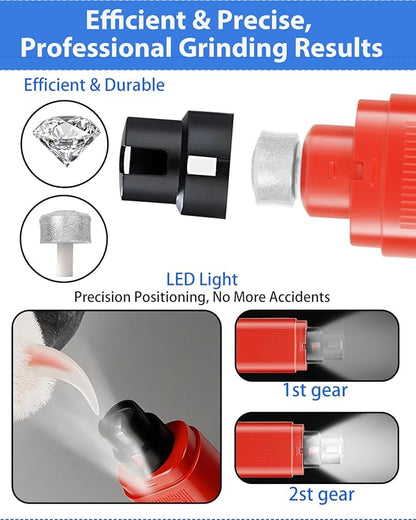 Electric Dog Nail Grinder with 2 Level LED Lights, 2 Speed Super Quiet and Low Vibration Electric Cat Nail Grinder - Rechargeable Pet Nail Grinder for Small Dogs Cats - Red