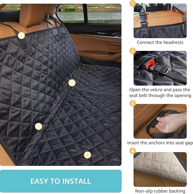 Dog Car Seat Cover for Back Seat | Mesh Window & Safety Belt | 100% Waterproof Dog Hammock for Safe Travel with Side Door Protectors | Non-Slip, Scratchproof Pet Rear Seat Cover for Car, SUV,Truck