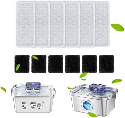 Accessories Set (Replacement Filter & Water Pump Sponge) for Pet Water Fountain- 6 pcs Packed Filters & 6 pcs Packed Sponges, Only Suitable for PETIMI Pet Water Fountain (Model PF-SS-01/02/03)