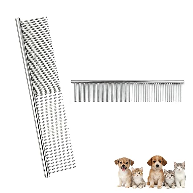 Metal Comb for Dogs - Stainless Steel Dog Grooming Comb Set, 2 Pack Pets Flea Remova Tool - 6.3IN/7.4IN
