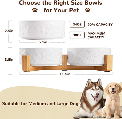 Dog Bowls Set with Wood Stand & Mat Waterproof, 3.5 Cups Ceramic Dog Bowls Elevated for Medium Dogs, Dual Food and Water Bowls with Weighted Non-Slip Base 28.7 OZ