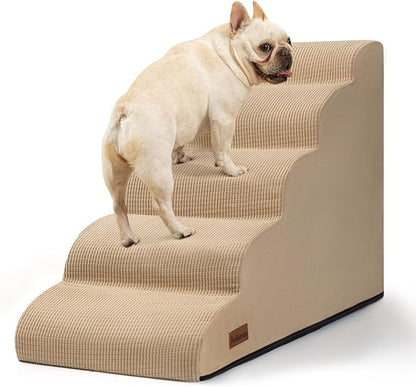 5-Step Dog Stairs and Ramp for High Bed, Non-Slip Sturdy Pet Steps for Small Dogs and Cats,22.2" H,Khaki