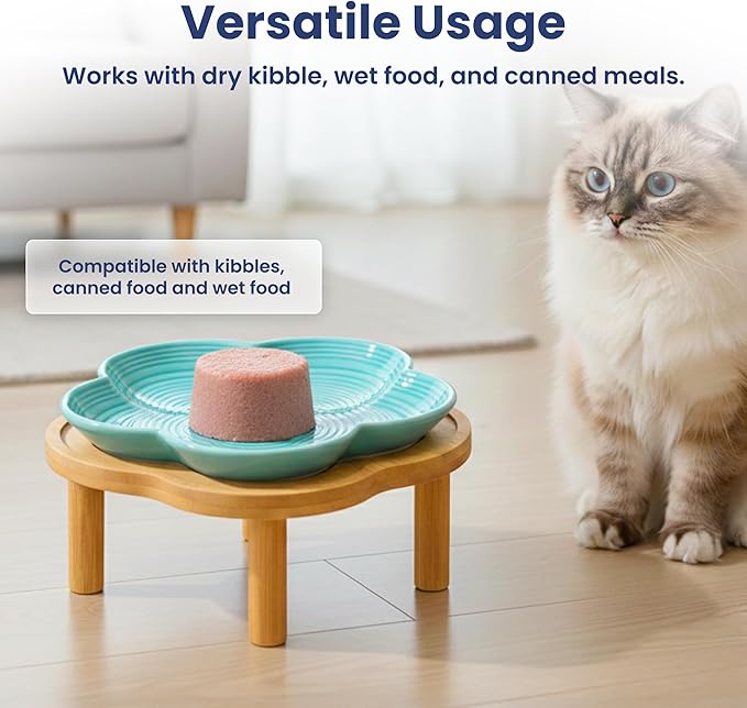 PawsPik Flower Ceramic Cat Feeding Plate with Raised Bamboo Stand, Elevated Whisker-Friendly Pet Bowl, Anti-Slip Stable Design, Dishwasher Safe (Blue)