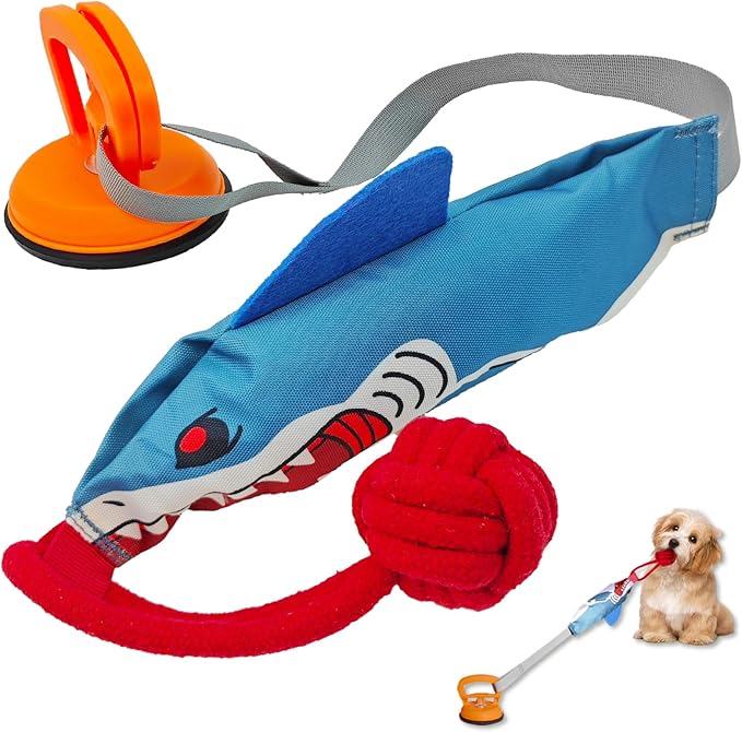 ETIAL Squeaky Dog Tug Toy, Interactive Shark Shape Tug of War Pet Pull Toy with Suction Cup to Keep Them Busy, Teeth Cleaning Dog Rope Toys for Small Medium Puppy Indoor or Outdoor Play