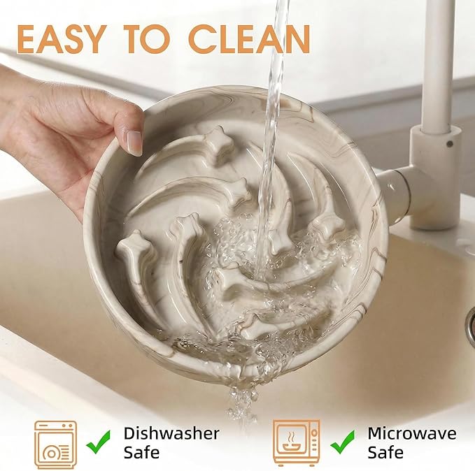 Stoneware Slow Feeder Dog Bowls Large Breed, 2 Cups Slow Eating Dog Bowl with Marble Pattern Design, Weighted Anti Gulping Food Bowl, Non Slip Puzzle Maze Pet Dishes for Fast Eaters, 8.3 inch