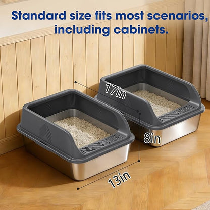 2 Pack Small Stainless Steel Litter Box with Lid for Kitten, Metal Cat Litter Boxes High Sided Enclosed for Injured Cats and Rabbit, Anti-Urine Leakage | Non-Stick Bottom & Includes Scoop