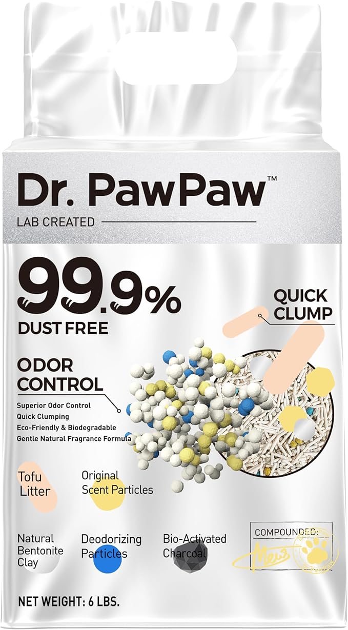 Tofu Cat Litter, Dr. PawPaw Clumping Cat Litter, Natural Tofu Scent 6 lb, Dust-Free Keep Kitty Tidy, Superior Odor Control Keep Step Fresh
