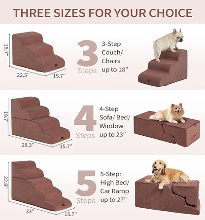 Made4Pets Dog Stairs Ramp for Small Dogs 15.7" H, 3-Step Dog Steps for Bed Couch Sofa and Chair, 35D Foam Pet Steps for Small Dogs and Cats, Non-Slip Bottom Pet Stairs, Brown
