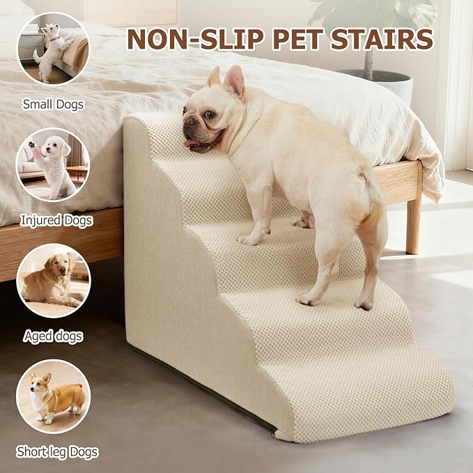Dog Stairs for Bed 22.4”H,5-Step Dog Ramp for Small Dogs & Cats,Pet Steps for Dogs to get on High Bed, Indoor Anti-Slip Pet Stairs for Old Cats and Puppy,Beige