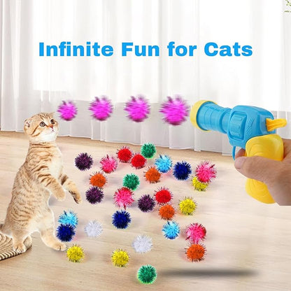 Dorhui Cat Toy Gun Launcher, 30 Pcs Sparkle Pom Pom Balls and Cat Ball Launcher, Cat Fetch Toy Gun Shooter for Indoor, Interactive Glitter Pom Pom Balls for Kitty Gifts