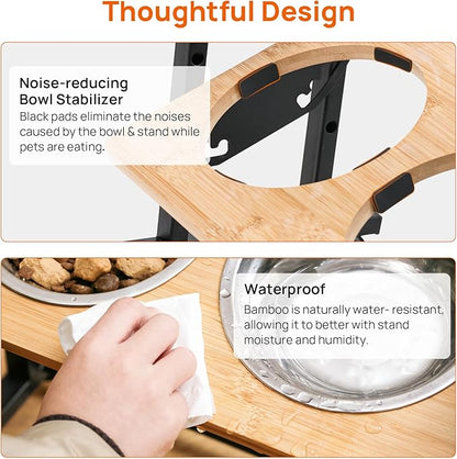 Adjustable Height Pet Feeder Stand with 2 Dishwasher-Safe Stainless Steel Bowls – Brown Wood Top & Black Metal Frame Elevated Food/Water Station for Dogs/Cats Under 100LBS