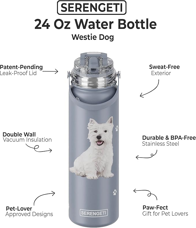 SERENGETI 24 Oz Water Bottle Stainless Steel with Spill Proof Lid - Double walled Vacuum Insulated water flask - Realistic 3D Print of your favorite dog (Westie)