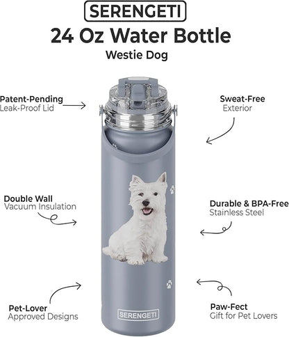 SERENGETI 24 Oz Water Bottle Stainless Steel with Spill Proof Lid - Double walled Vacuum Insulated water flask - Realistic 3D Print of your favorite dog (Westie)