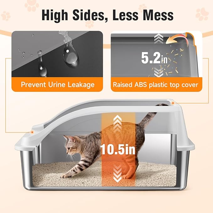 2PACK Stainless Steel Litter Box, Odor Free XL Metal Litter Box Extra Large with High Sides, Easy Cleaning Open Top Litter Pan Include Scoop Non-Sticky Kitty Cat Box Anti-Urine Leakage, Anti-Scratch