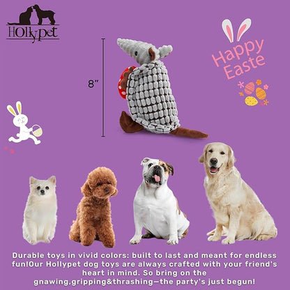 Hollypet Plush Dog Squeaky Toy Stuffed Armadillo Animal Pet Puppy Chew Toys with Clean Teeth for Small Medium Large All Breed Sizes Dogs, Gray, 8 in, Red Easter Eggs with WhiteDots