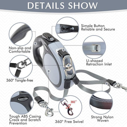 KOOLTAIL Dual Retractable Dog Leash for Two Dogs Up to 110 Lbs, Heavy Duty Double Headed 16 ft Extendable 360° Tangle-Free One Button & Lock Brake Dog Leash for Small Medium Large Dogs Grey