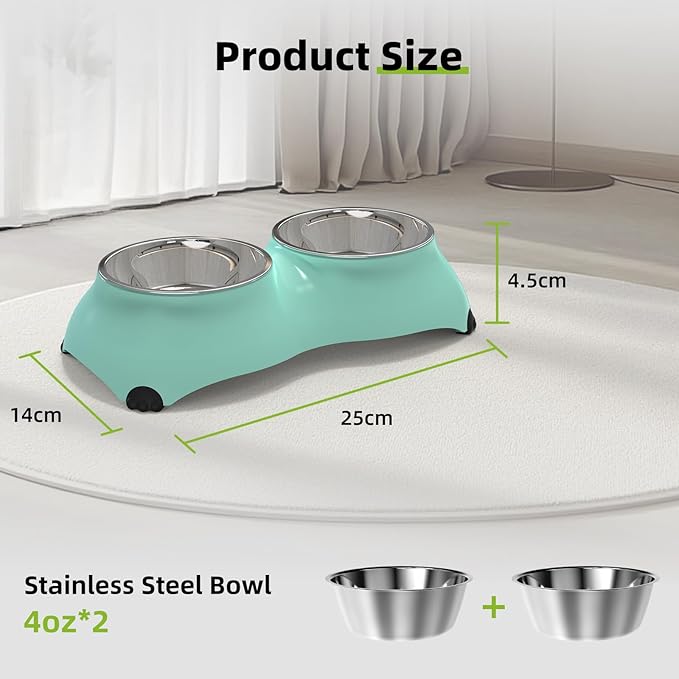 Stainless Steel Dog Bowls Set, Double Food & Water Bowls for Dogs, Dual Dog Food Bowl with 2 Small (4oz*2) Bowl, Non-Slip Pet Bowls Suitable for Puppies, Kittens and Small Breed Dogs (Green)