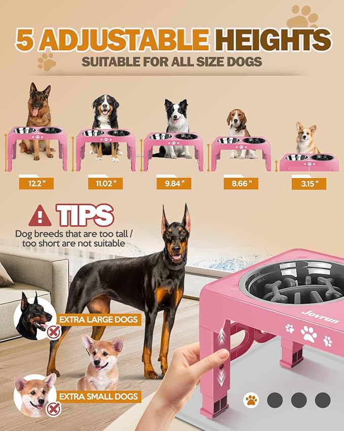 Elevated Dog Bowls for Medium Size Dogs with Mat, Non-Slip Dog Feeder with 1*Stainless Steel Dishes & 1*Slow Feeder Bowl, 5 Heights Adjustable Raised Bowls for 3.15″-8.66″-9.84″-11.02″-12.2″