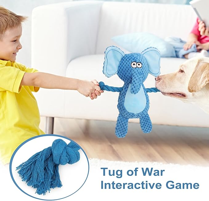 Dog Toys, Dog Squeaker Toys with Crinkle Paper, Stuffed Animal Dog Plush Chewing Toy, Cotton Rope Interactive Toys for Puppy, Small, Middle Dogs (Blue Elephant)