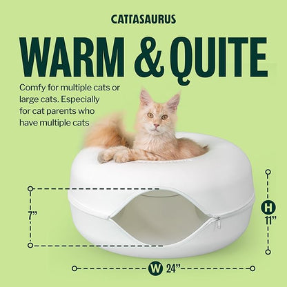 Cattasaurus Peekaboo Cat Cave Donut for Multiple & Large Cats up to 30-45 lbs, 3-in-1 Self Warming Cat Bed, Tunnel & Scratcher for Indoor Cats, Washable & Detachable Small Dog Bed (White, Large)
