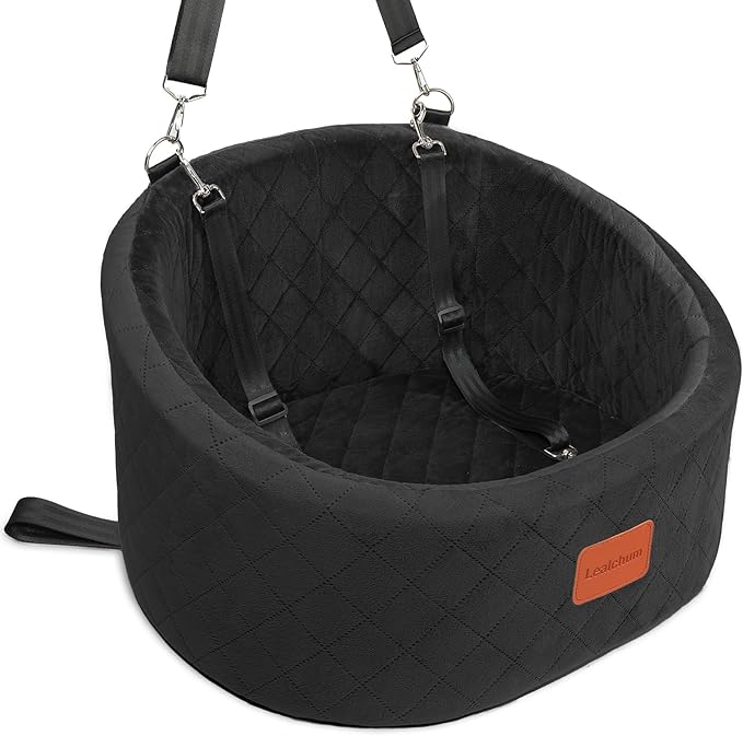 Lealchum Dog Car Seat for Small Dogs Up to 30 Lbs,Ultra Soft Fabric Fill in Comfy Memory Foam,Happy Pet Ride,2 Safety Dog Leashes,Fully Detachable and Washable,Anti Slip Base(Black)
