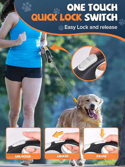 Retractable Dog Leash with LED Flashlight, Douexio Upgrade 3 in 1 Dog Leash Retractable for Small Medium Dogs Up to 66 lbs, Anti-Slip Handle (White)