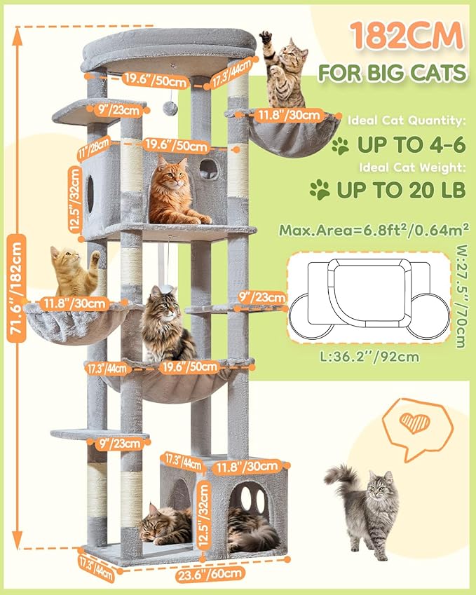 Taoqimiao 72 Inch Cat Tree, XXL Cat Tower for Indoor Cats Large Adult 25Lbs+, Extra-Large Platform, 2 Cat Houses, 7 Scratching Post, Extra-Sized Durable Hammock, Cozy Basket, Light Gray, F20W