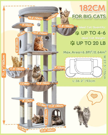 Taoqimiao 72 Inch Cat Tree, XXL Cat Tower for Indoor Cats Large Adult 25Lbs+, Extra-Large Platform, 2 Cat Houses, 7 Scratching Post, Extra-Sized Durable Hammock, Cozy Basket, Light Gray, F20W