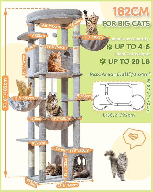 Taoqimiao 72 Inch Cat Tree, XXL Cat Tower for Indoor Cats Large Adult 25Lbs+, Extra-Large Platform, 2 Cat Houses, 7 Scratching Post, Extra-Sized Durable Hammock, Cozy Basket, Light Gray, F20W